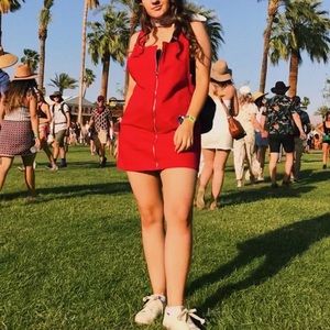 Red overall denim dress